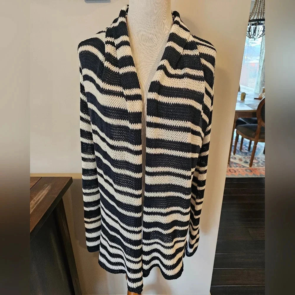Wooden Ships •Size M-L• Longline Open Knit Cardigan Navy Blue & White Anthro
